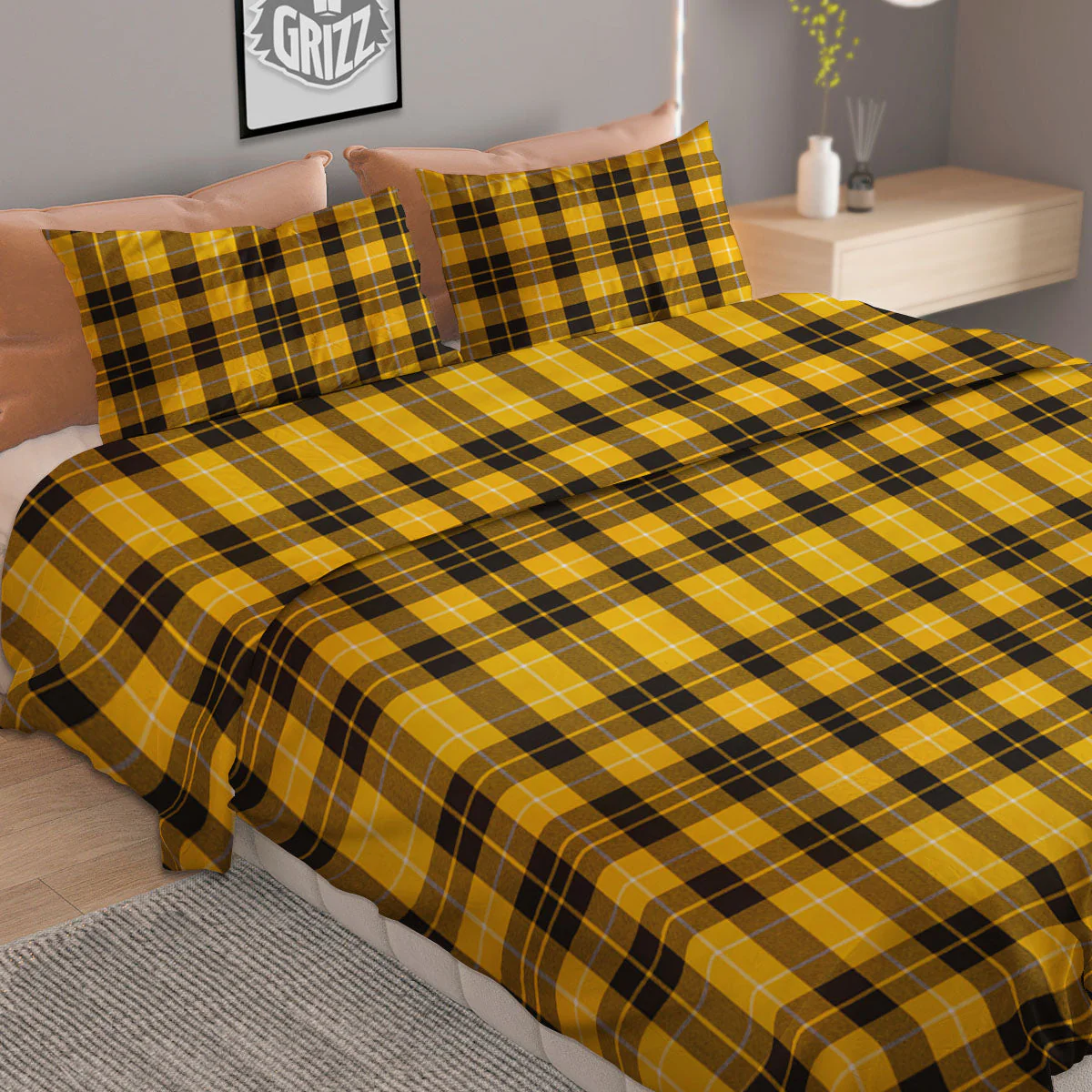 Tartan Yellow And Black Print Pattern Duvet Cover Bedding Set - Image 2