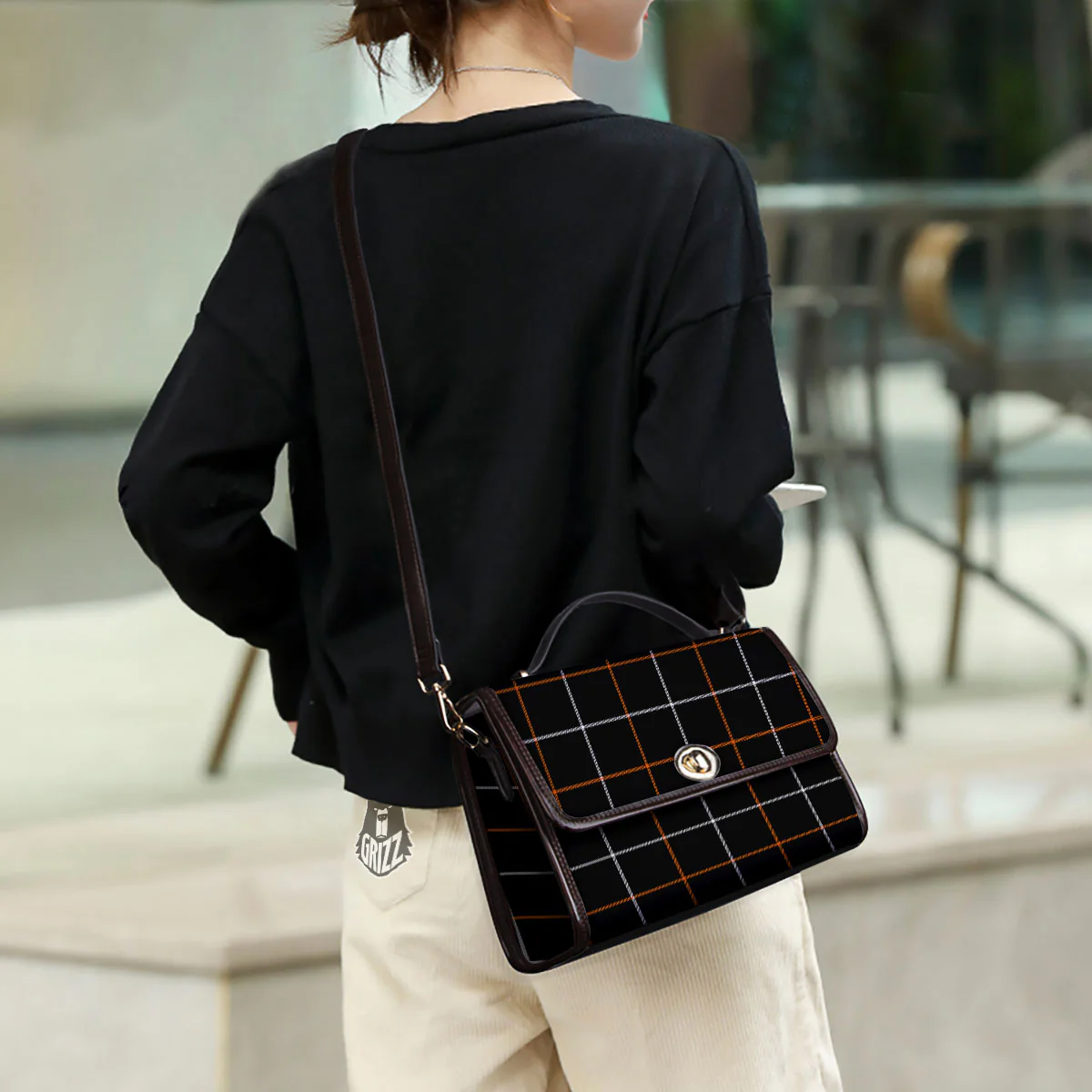 Tattersall Black Halloween Print Pattern Women's Satchel Bag - Image 3