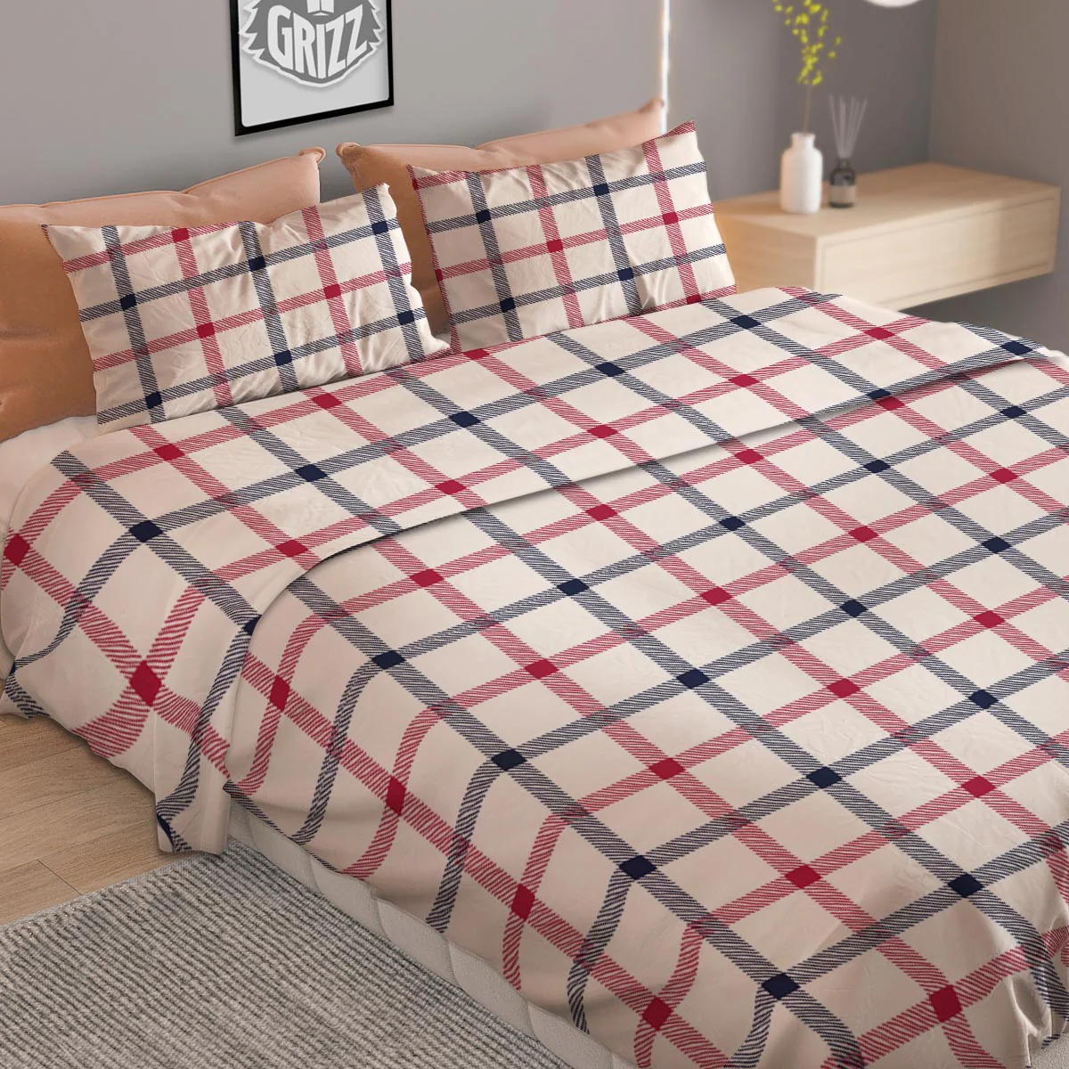 Tattersall Blue And Red Print Pattern Duvet Cover Bedding Set - Image 2