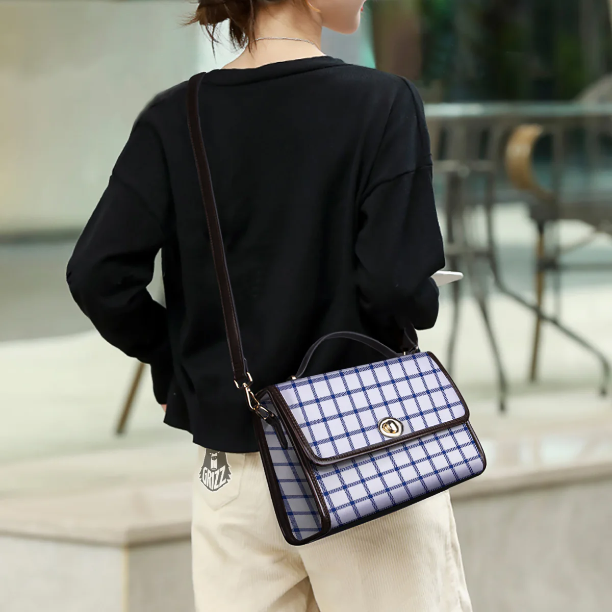 Tattersall Blue And White Print Pattern Women's Satchel Bag - Image 3