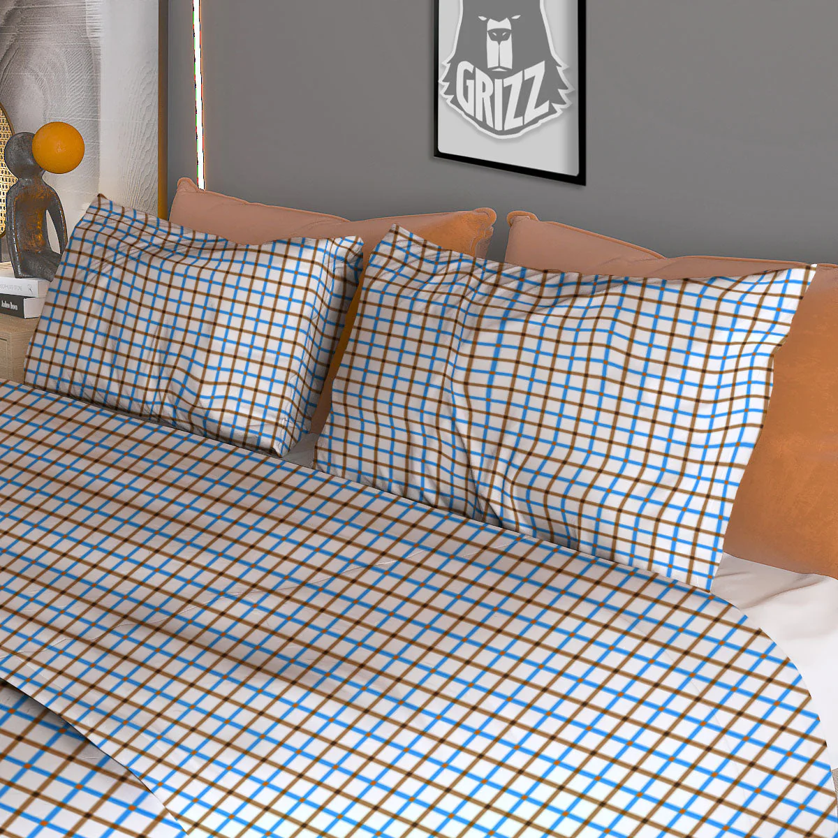 Tattersall Brown And Blue Print Pattern Duvet Cover Bedding Set - Image 3