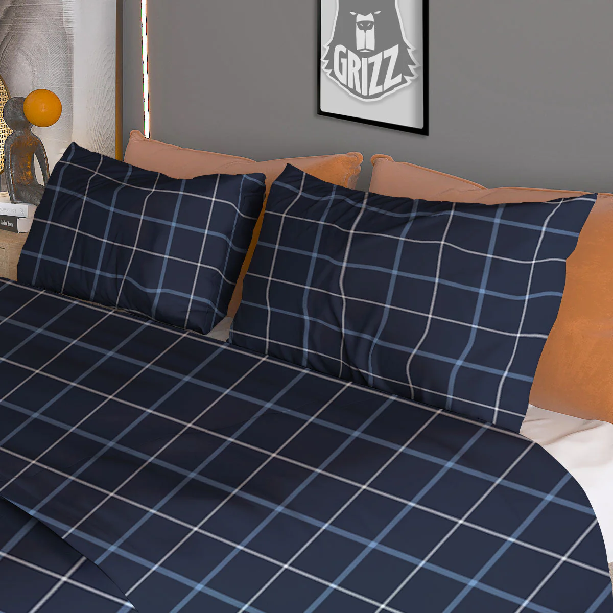 Tattersall Deep Blue Print Pattern Duvet Cover Bedding Set - Image 3