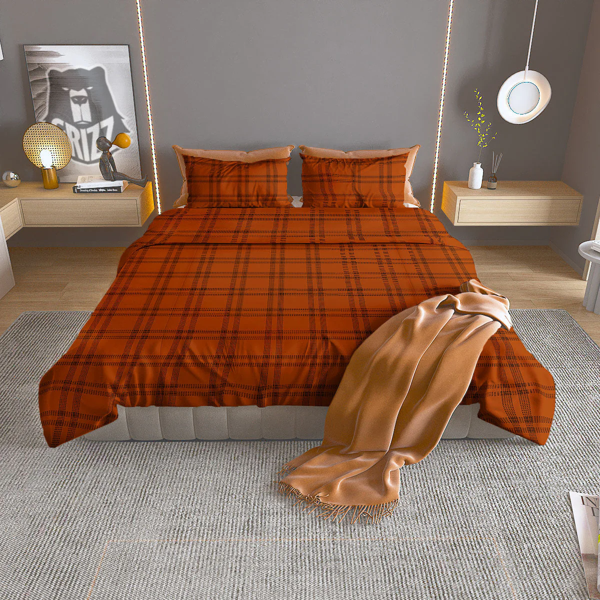 Tattersall Orange Print Pattern Duvet Cover Bedding Set