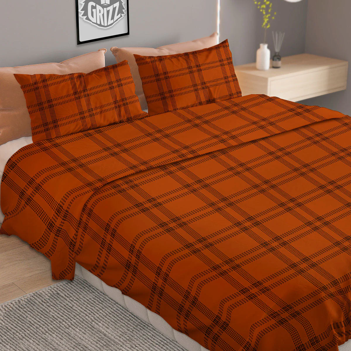 Tattersall Orange Print Pattern Duvet Cover Bedding Set - Image 2