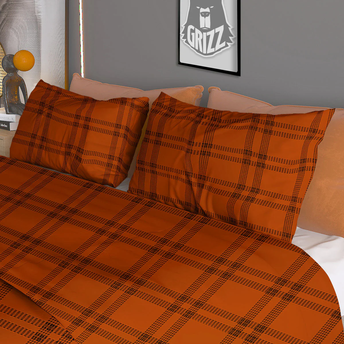 Tattersall Orange Print Pattern Duvet Cover Bedding Set - Image 3