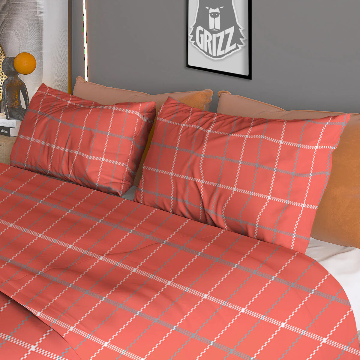 Tattersall Pastel Orange Print Pattern Duvet Cover Bedding Set - Image 3