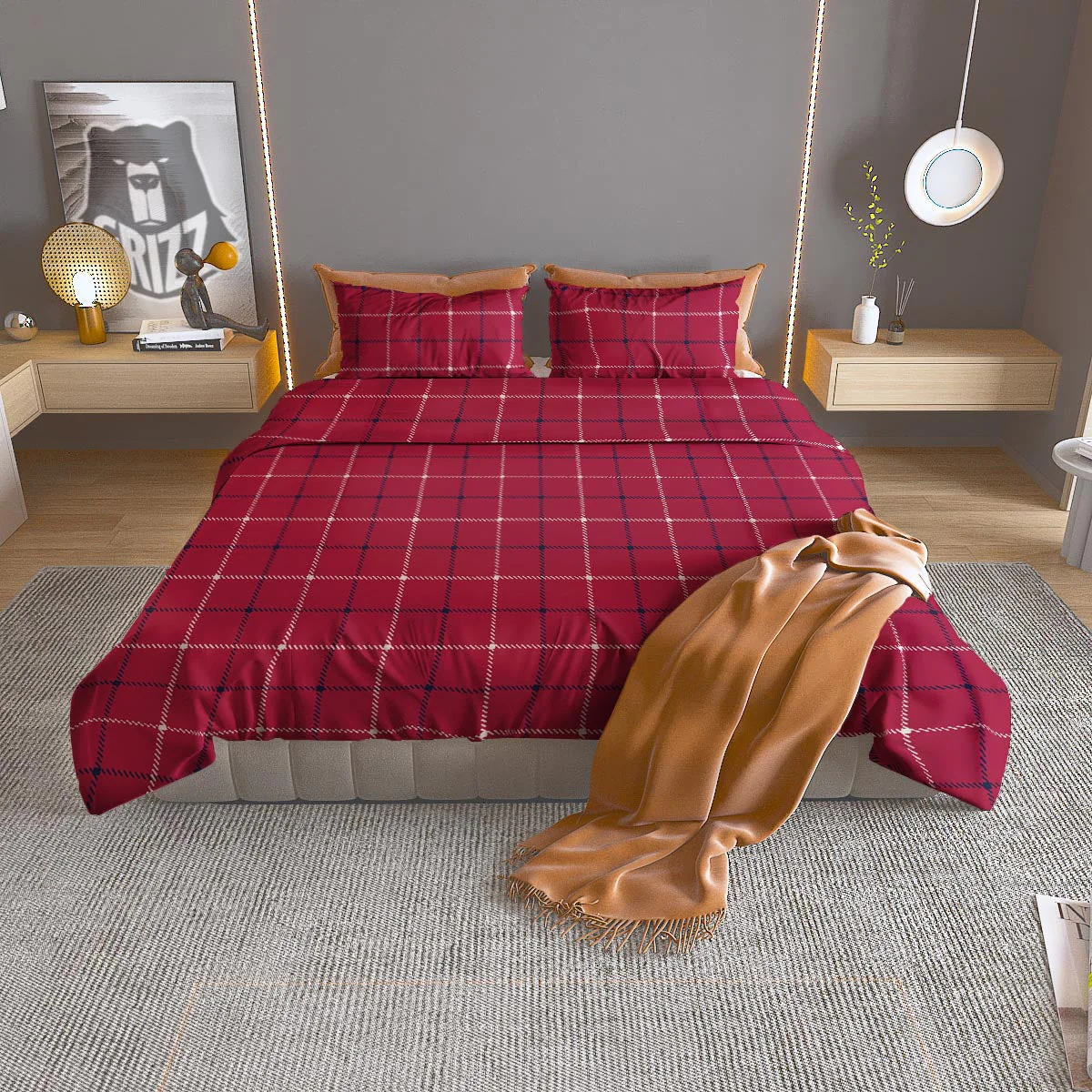 Tattersall Red Print Pattern Duvet Cover Bedding Set