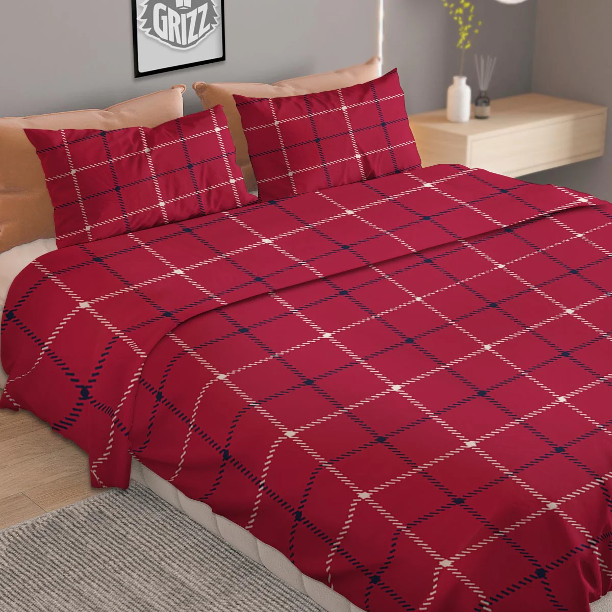 Tattersall Red Print Pattern Duvet Cover Bedding Set - Image 2