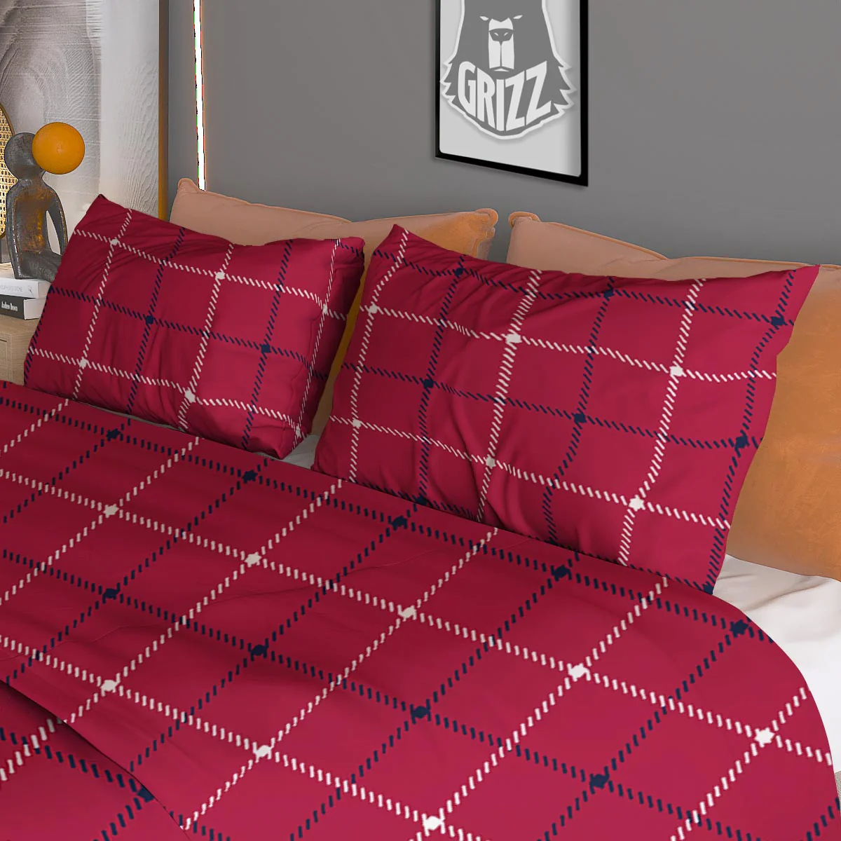 Tattersall Red Print Pattern Duvet Cover Bedding Set - Image 3