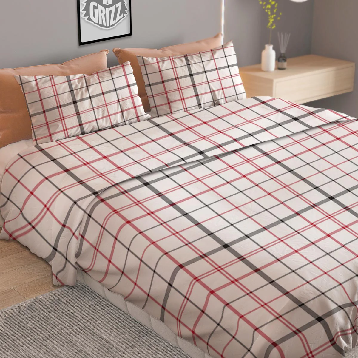 Tattersall White And Red Print Pattern Duvet Cover Bedding Set - Image 2