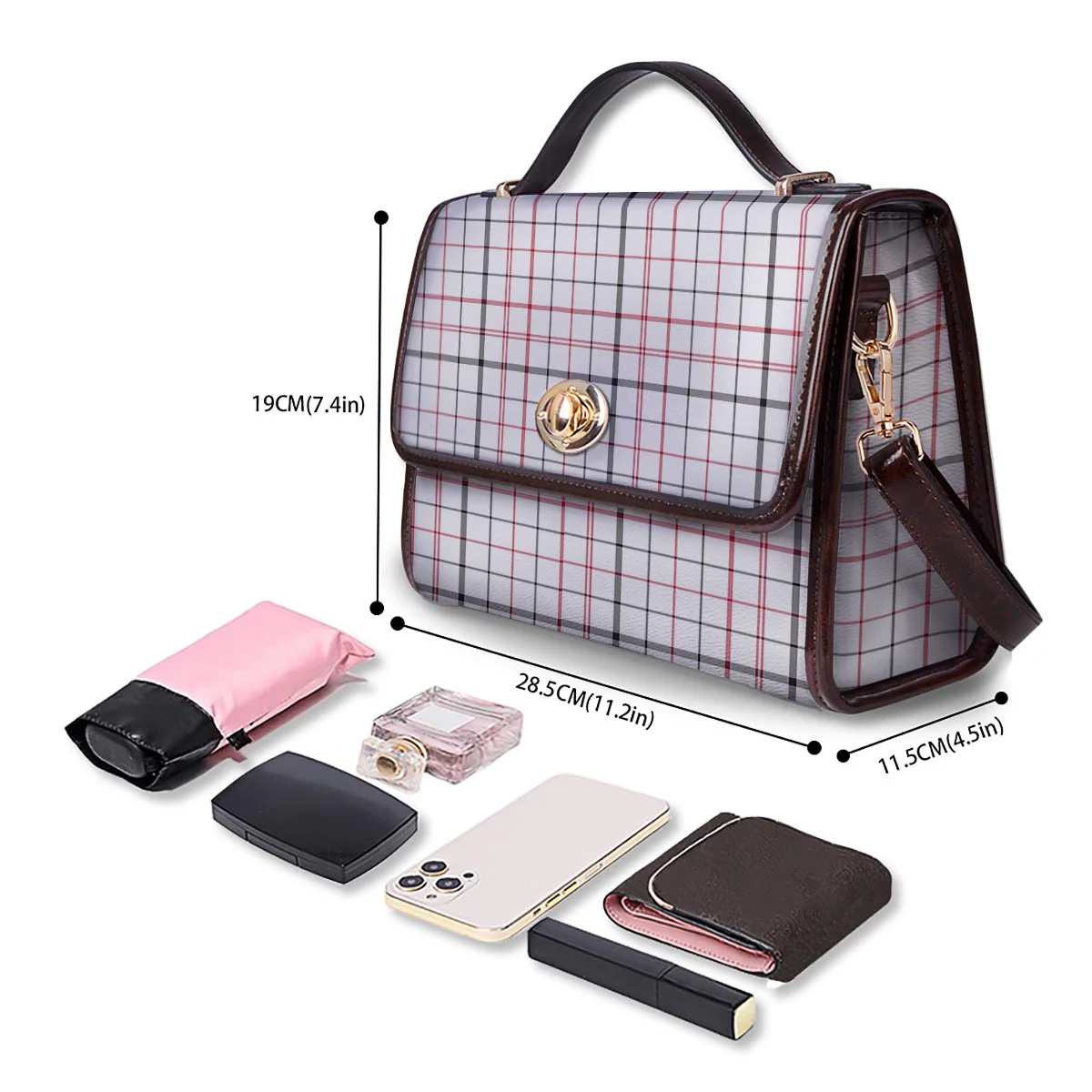 Tattersall White And Red Print Pattern Women's Satchel Bag - Image 4