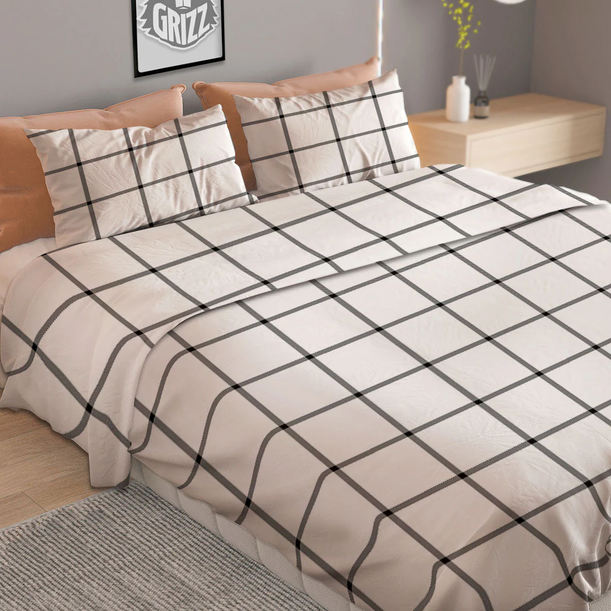 Tattersall White Print Pattern Duvet Cover Bedding Set - Image 2