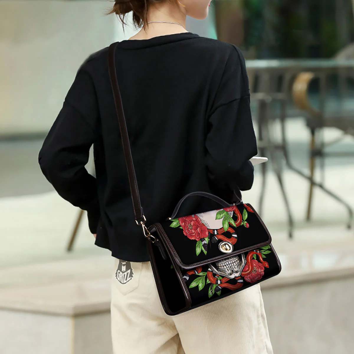 Tattoo Roses And Skull Print Women's Satchel Bag - Image 3