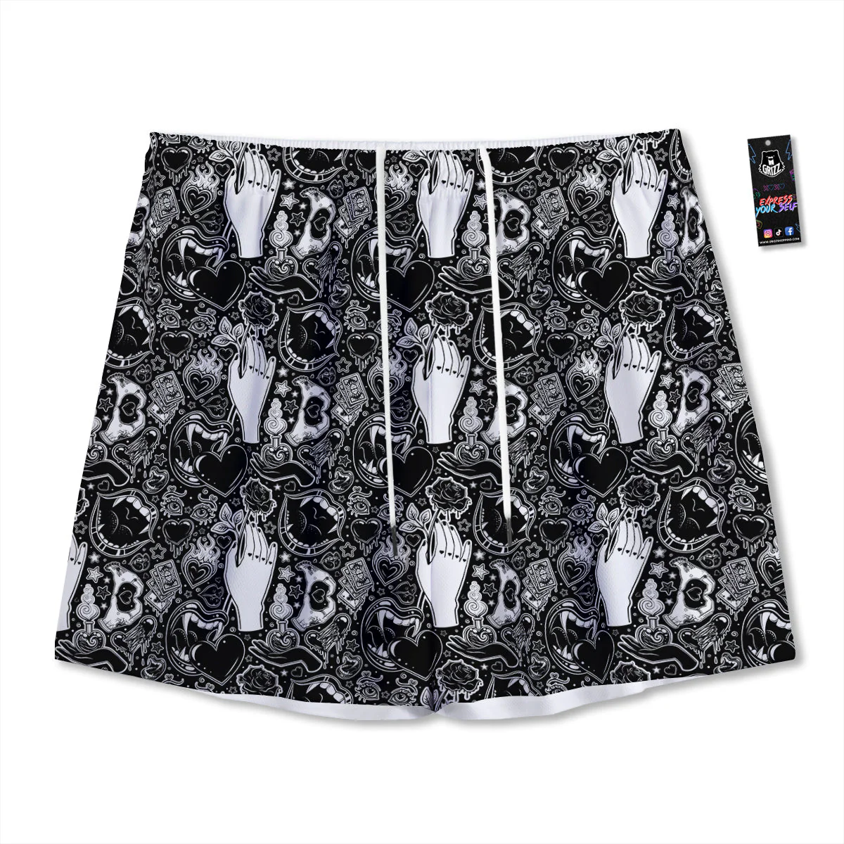 Tattoo Vampire Black and White Print Pattern Mesh Shorts