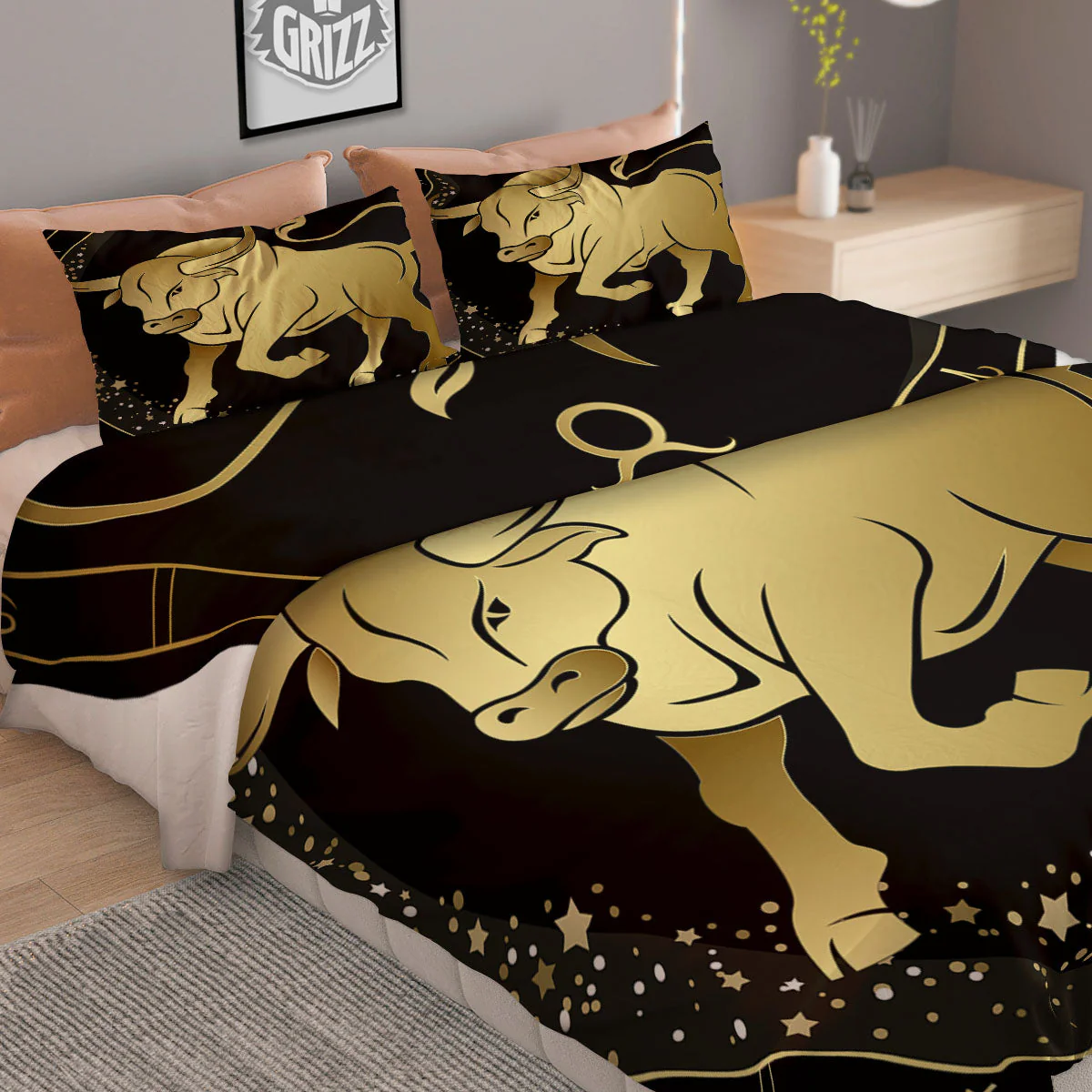 Taurus Sign Black And Gold Print Duvet Cover Bedding Set - Image 2