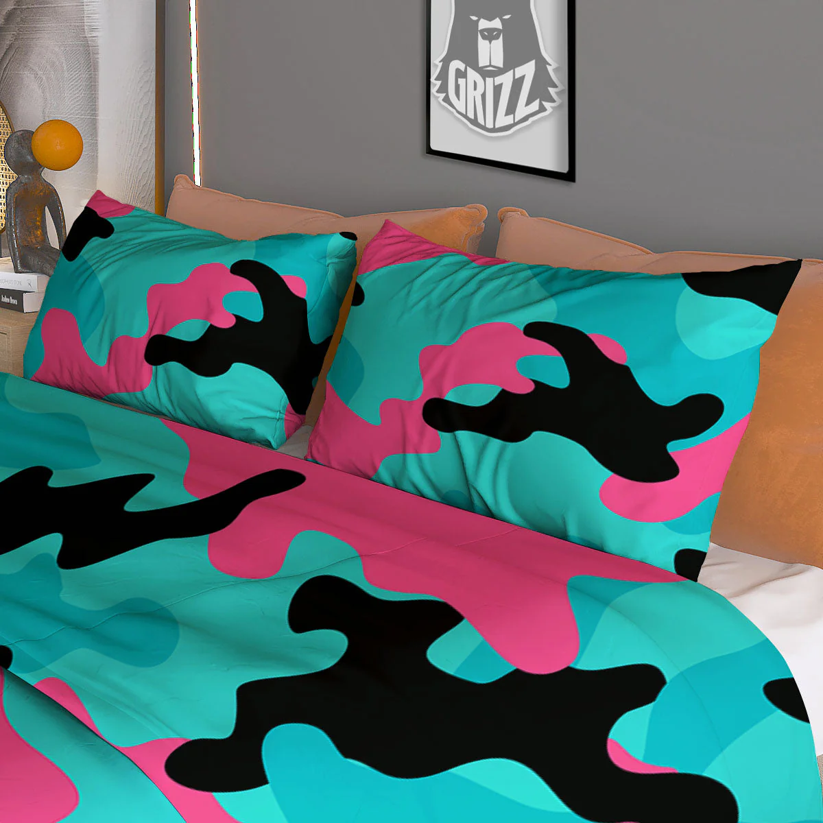 Teal Pink And Black Camouflage Print Duvet Cover Bedding Set - Image 3