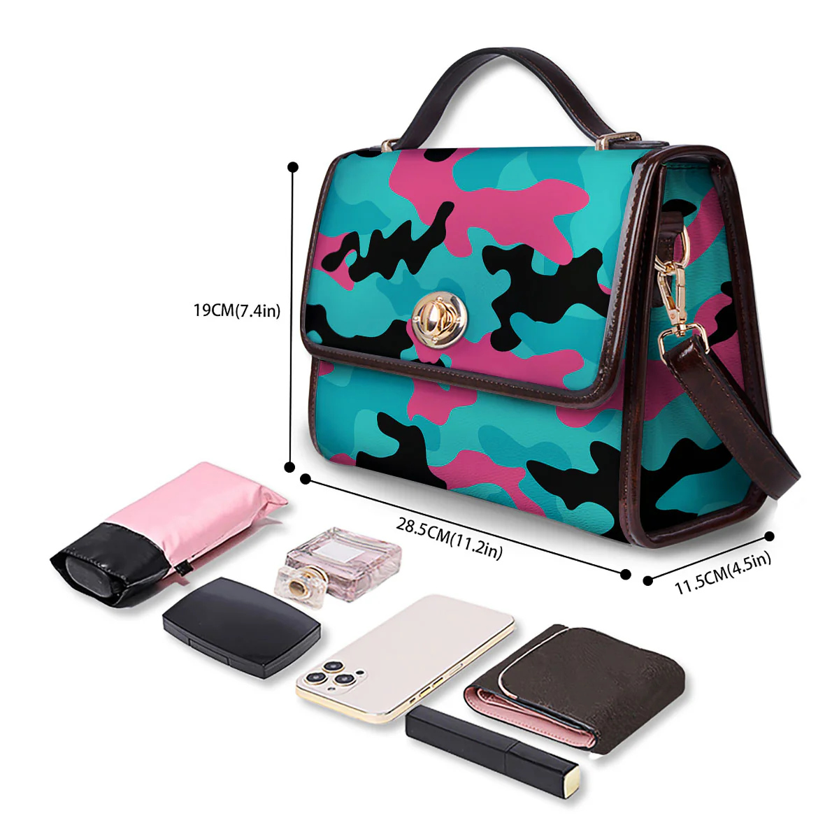 Teal Pink And Black Camouflage Print Women's Satchel Bag - Image 4