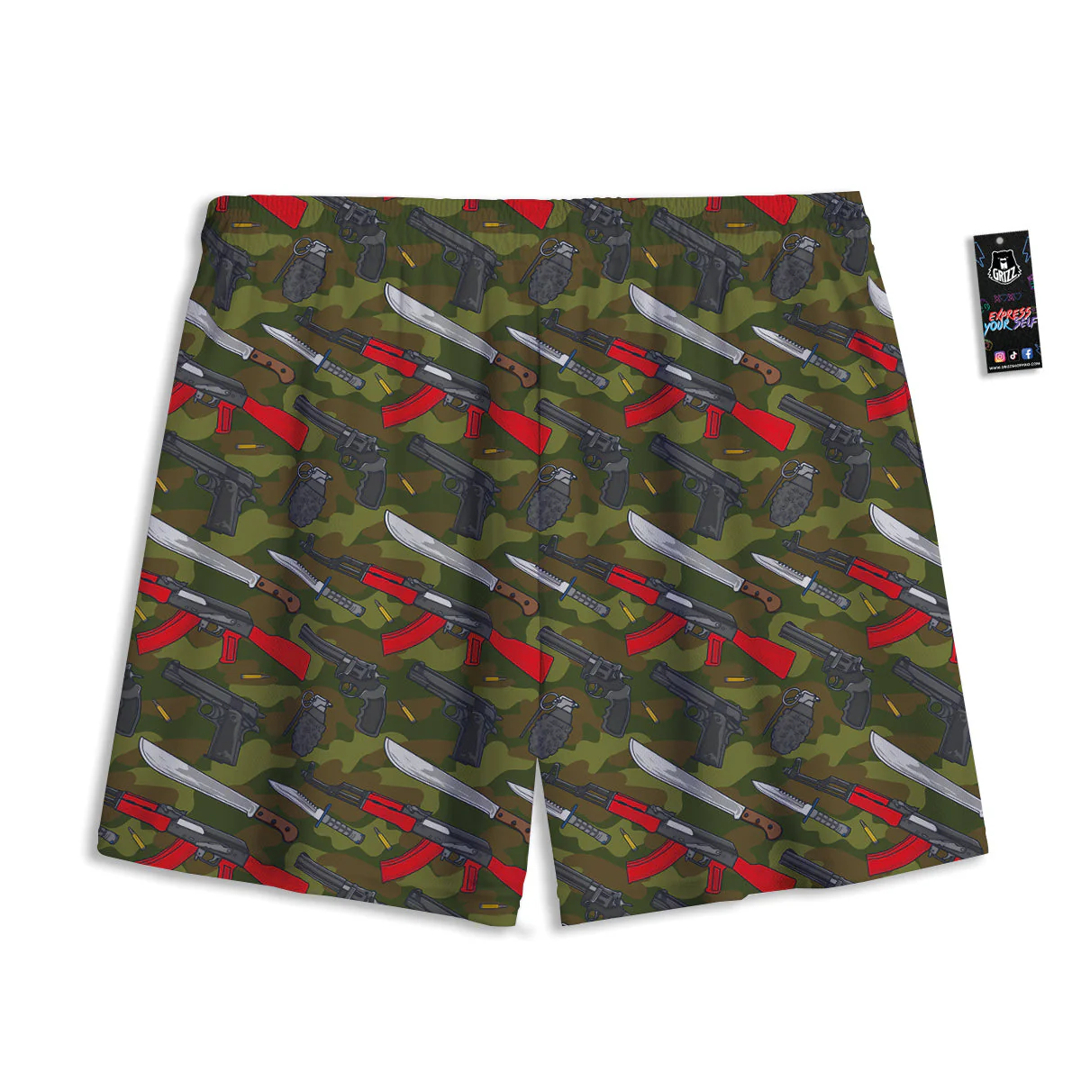 Terrorist Weapon Green Camo Print Pattern Mesh Shorts - Image 2