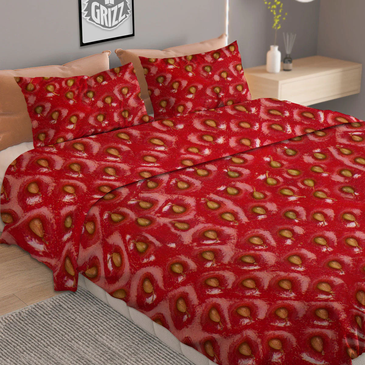 Texture Red Strawberry Print Duvet Cover Bedding Set - Image 2