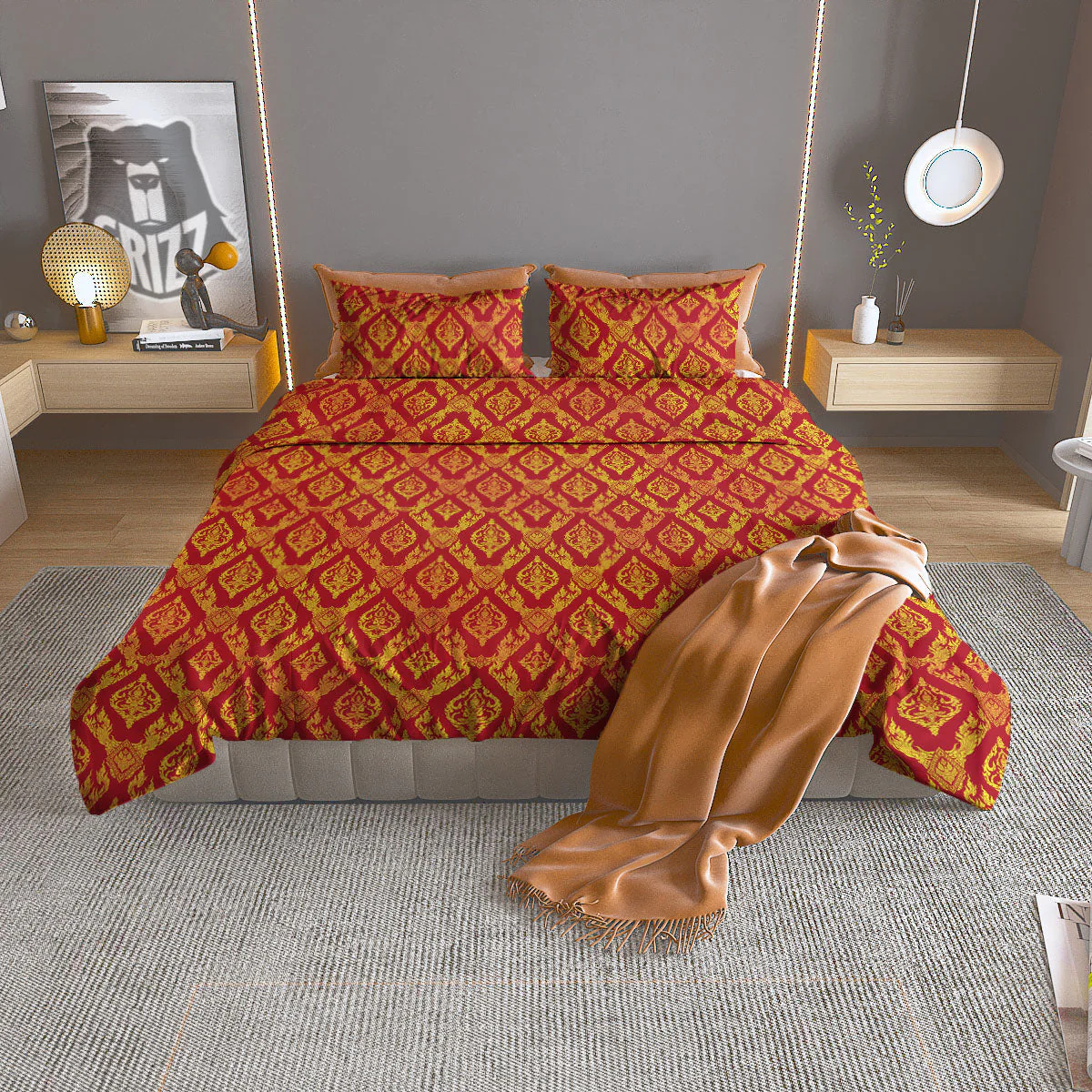 Thai Art Red And Gold Print Pattern Duvet Cover Bedding Set