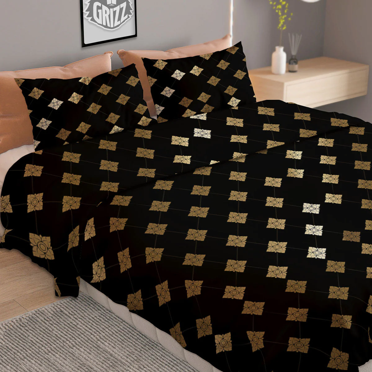 Thai Black And Gold Print Pattern Duvet Cover Bedding Set - Image 2