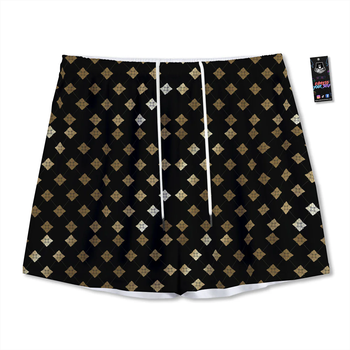 Thai Black And Gold Print Pattern Mesh Shorts