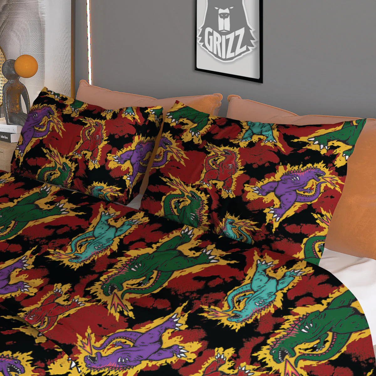 Tie Dye And Godzilla Print Pattern Duvet Cover Bedding Set - Image 3