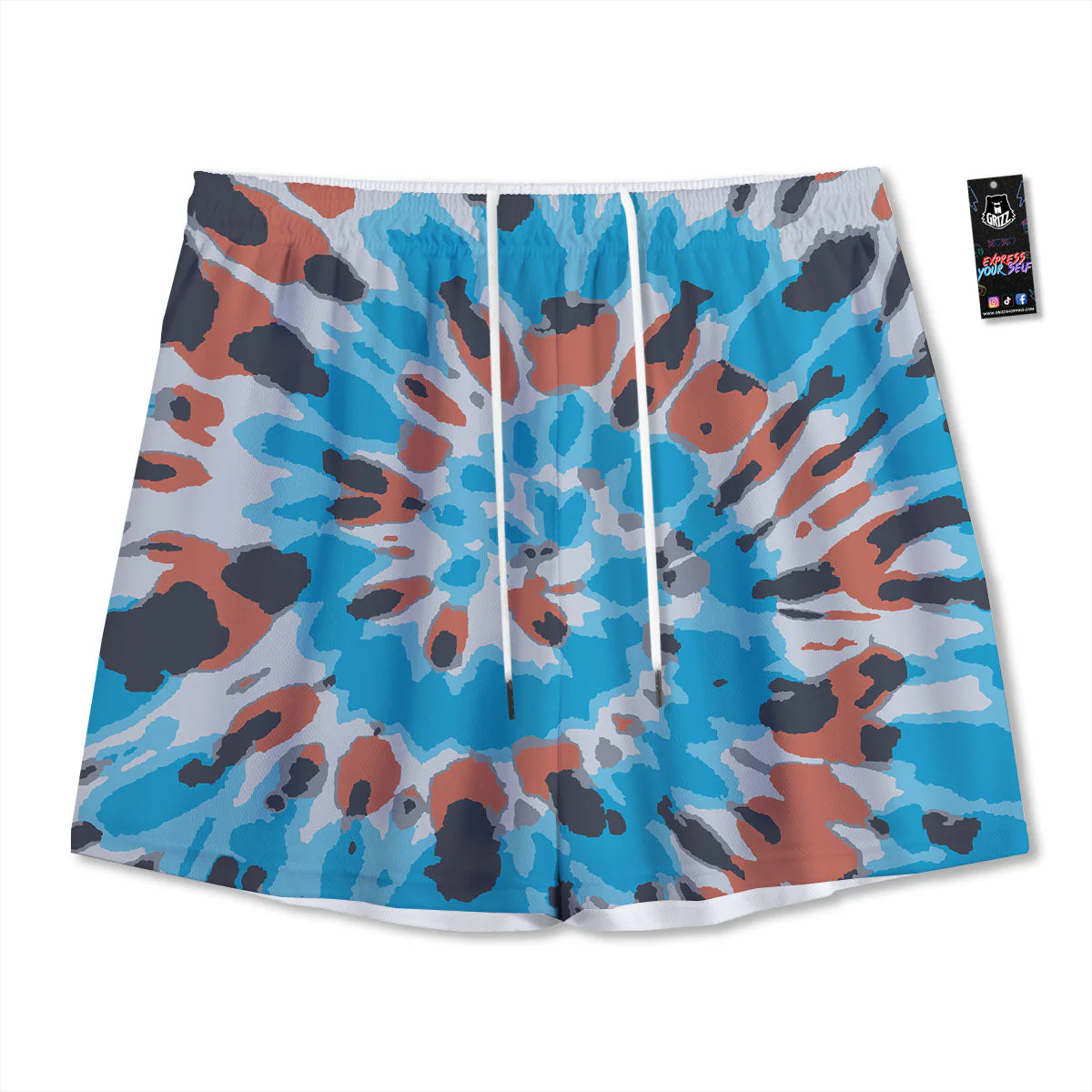 Tie Dye Blue And Orange Print Mesh Shorts
