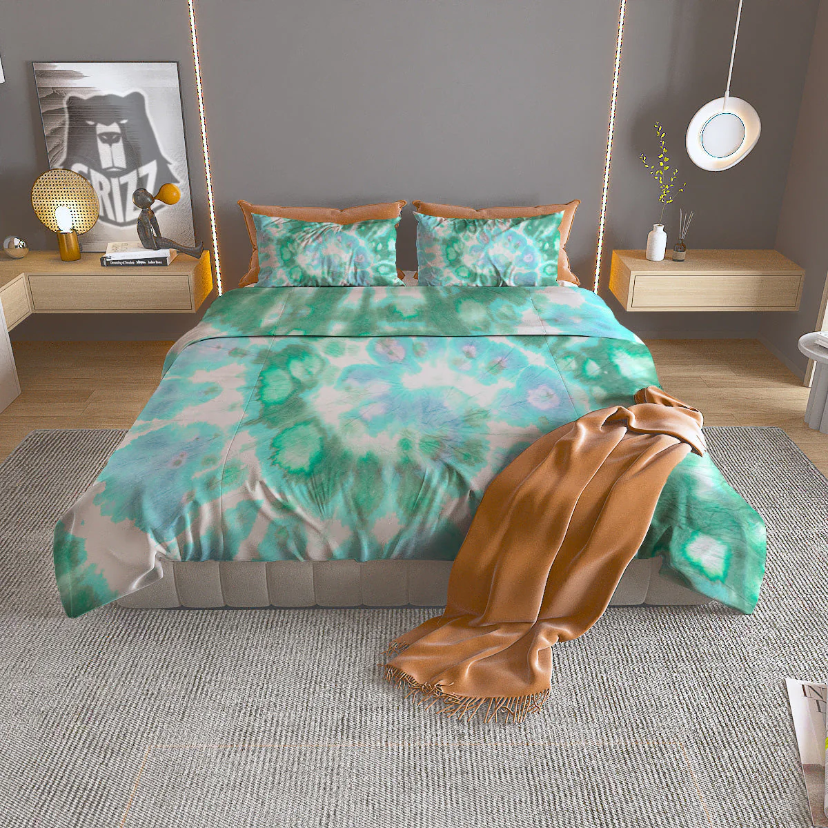 Tie Dye Blue Green And White Print Duvet Cover Bedding Set
