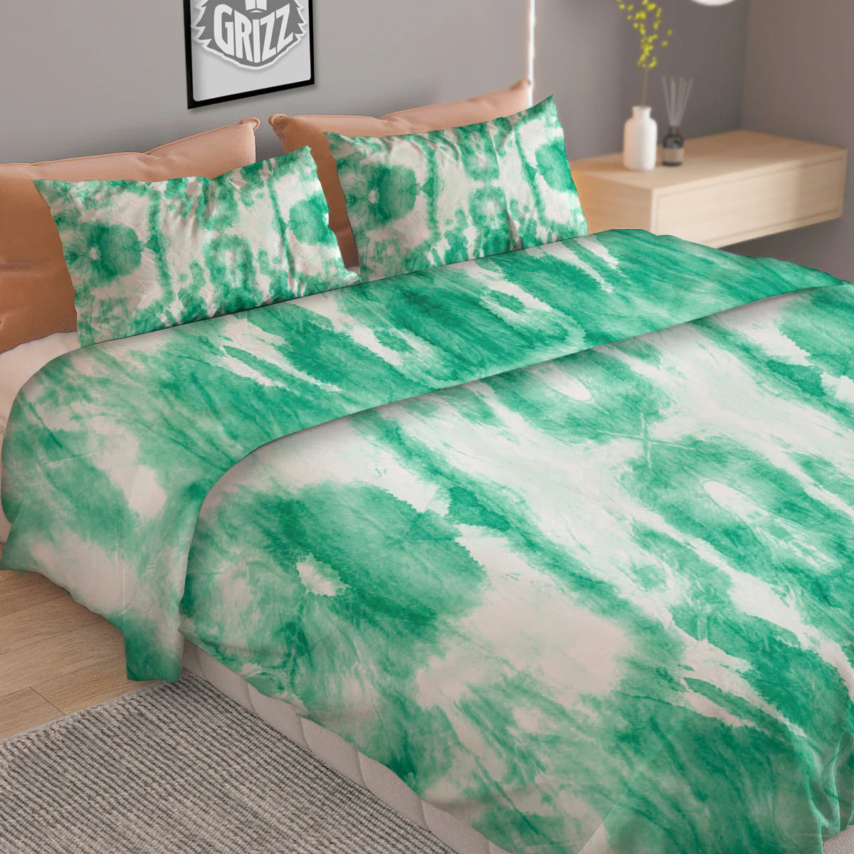 Tie Dye Mint Green Watercolor Print Duvet Cover Bedding Set - Image 2