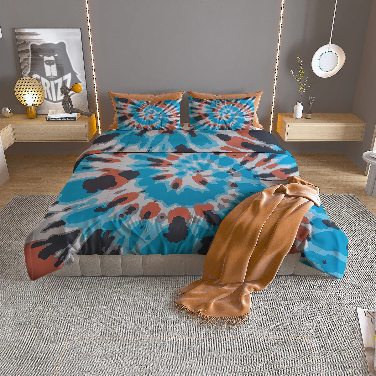 Tie Dye Orange And Blue Print Duvet Cover Bedding Set
