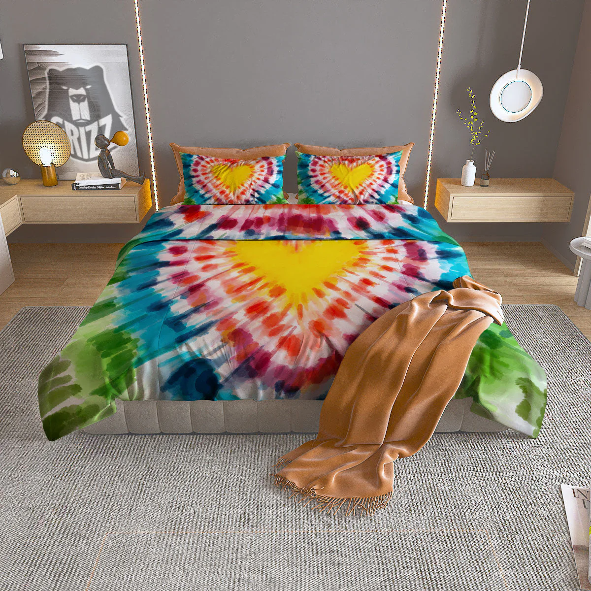 Tie Dye Rainbow Heart Print Duvet Cover Bedding Set