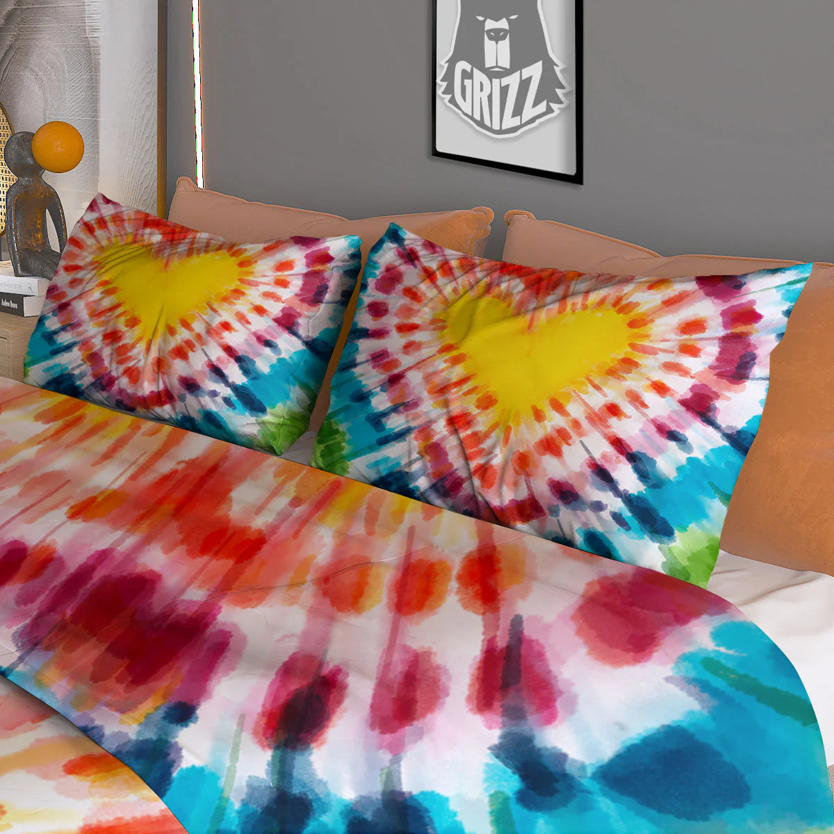 Tie Dye Rainbow Heart Print Duvet Cover Bedding Set - Image 3