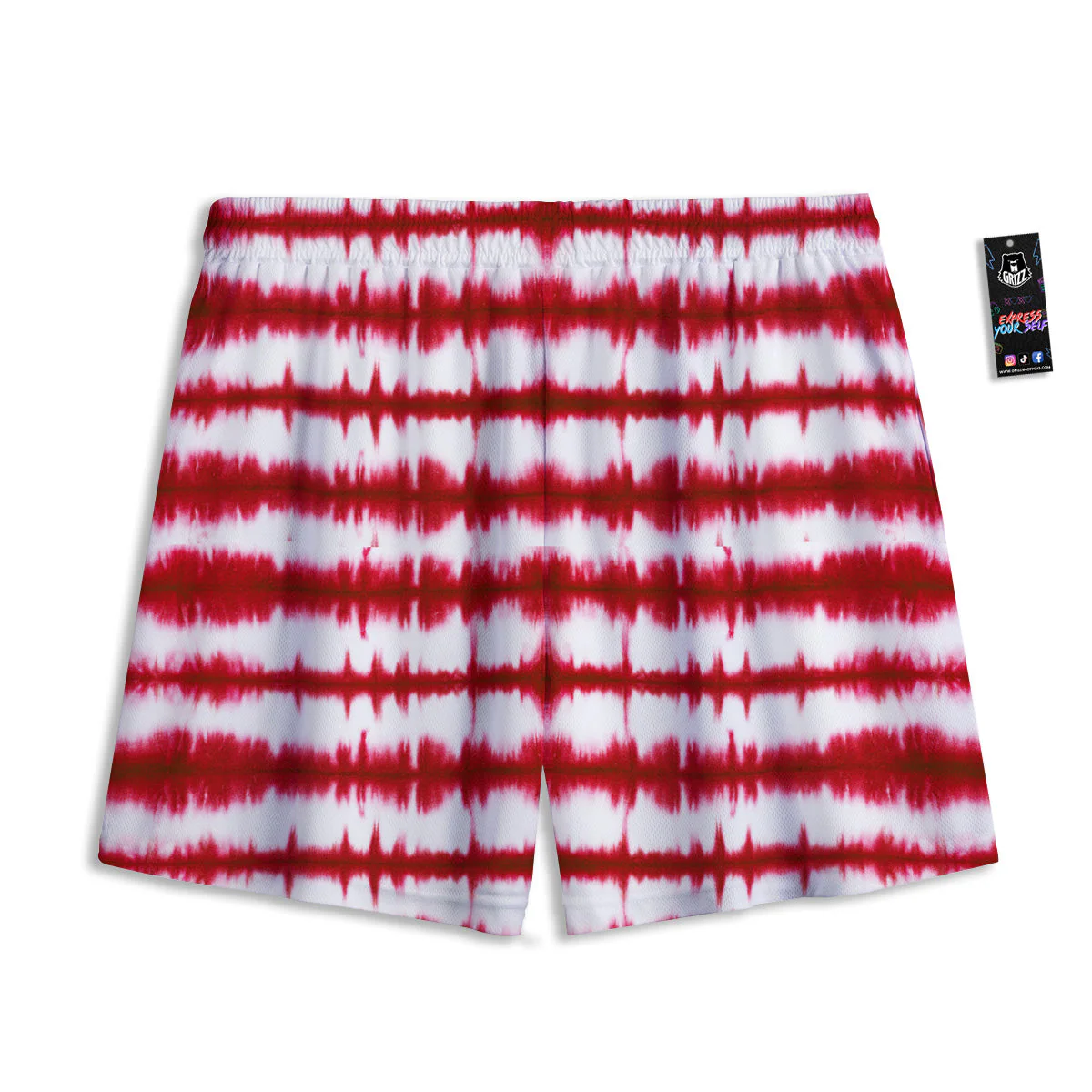 Tie Dye Red Stripe Print Pattern Mesh Shorts - Image 2