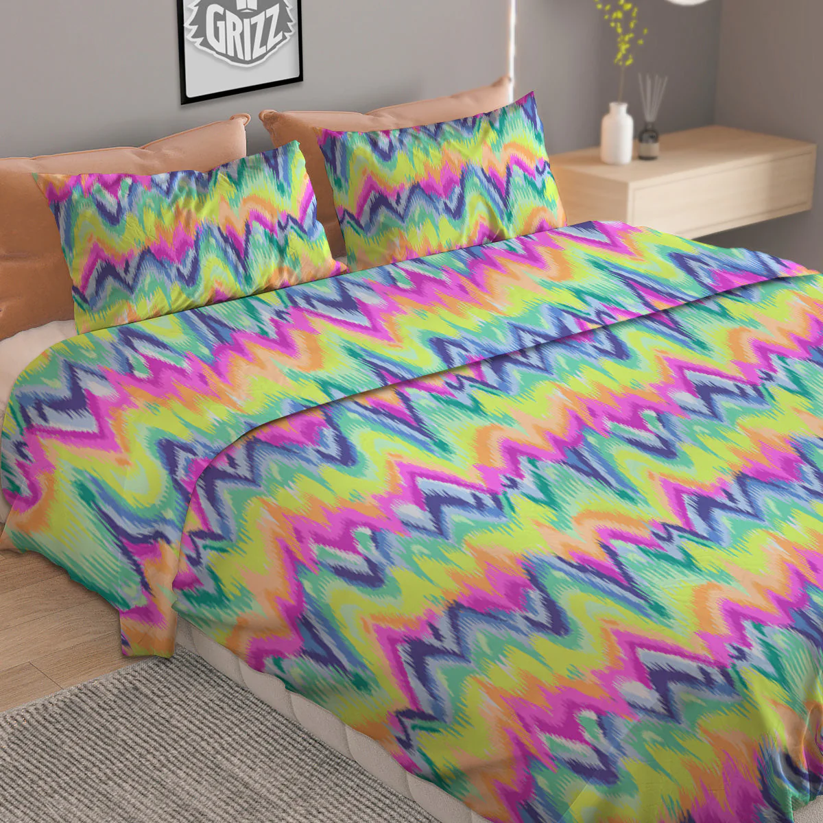 Tie Dye Zigzag Rainbow Print Pattern Duvet Cover Bedding Set - Image 2
