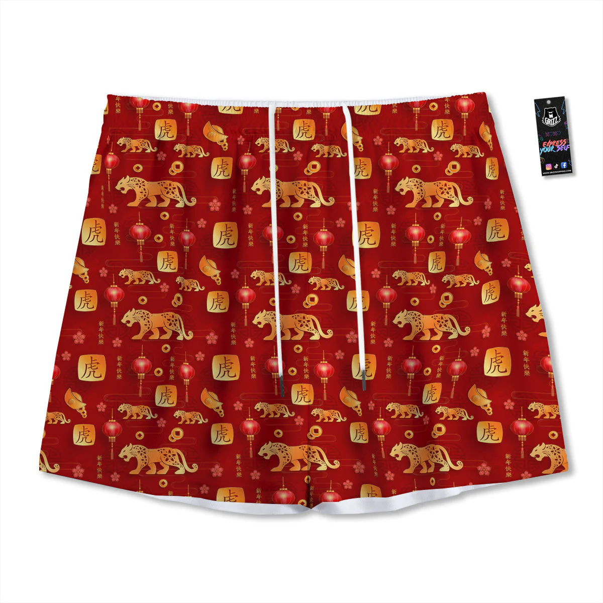 Tiger And Chinese New Year Print Pattern Mesh Shorts
