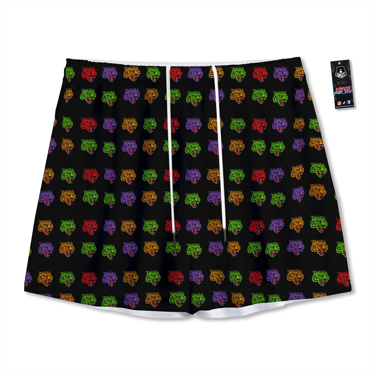 Tiger Head Colorful Print Pattern Mesh Shorts