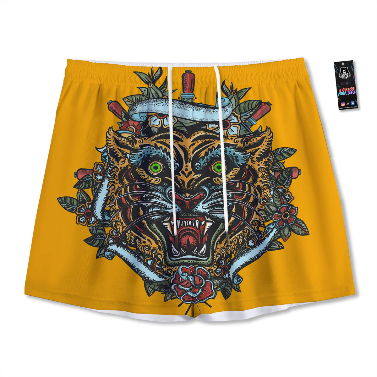 Tiger Head Tattoo Print Mesh Shorts