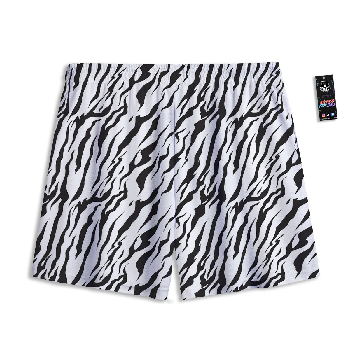 Tiger White And Black Print Pattern Mesh Shorts - Image 2