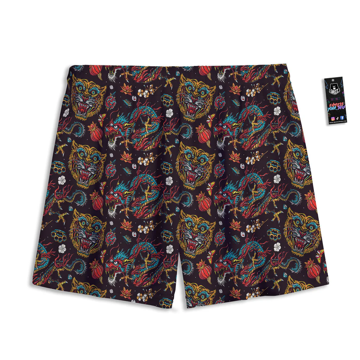 Tigers And Dragons Colorful Tattoo Print Pattern Mesh Shorts - Image 2