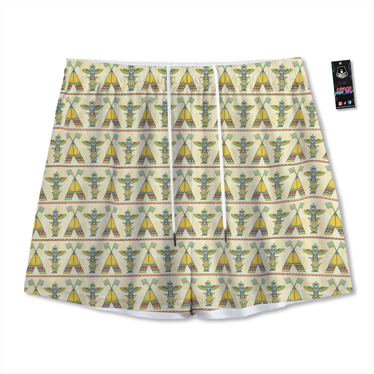 Totem Native Print Pattern Mesh Shorts