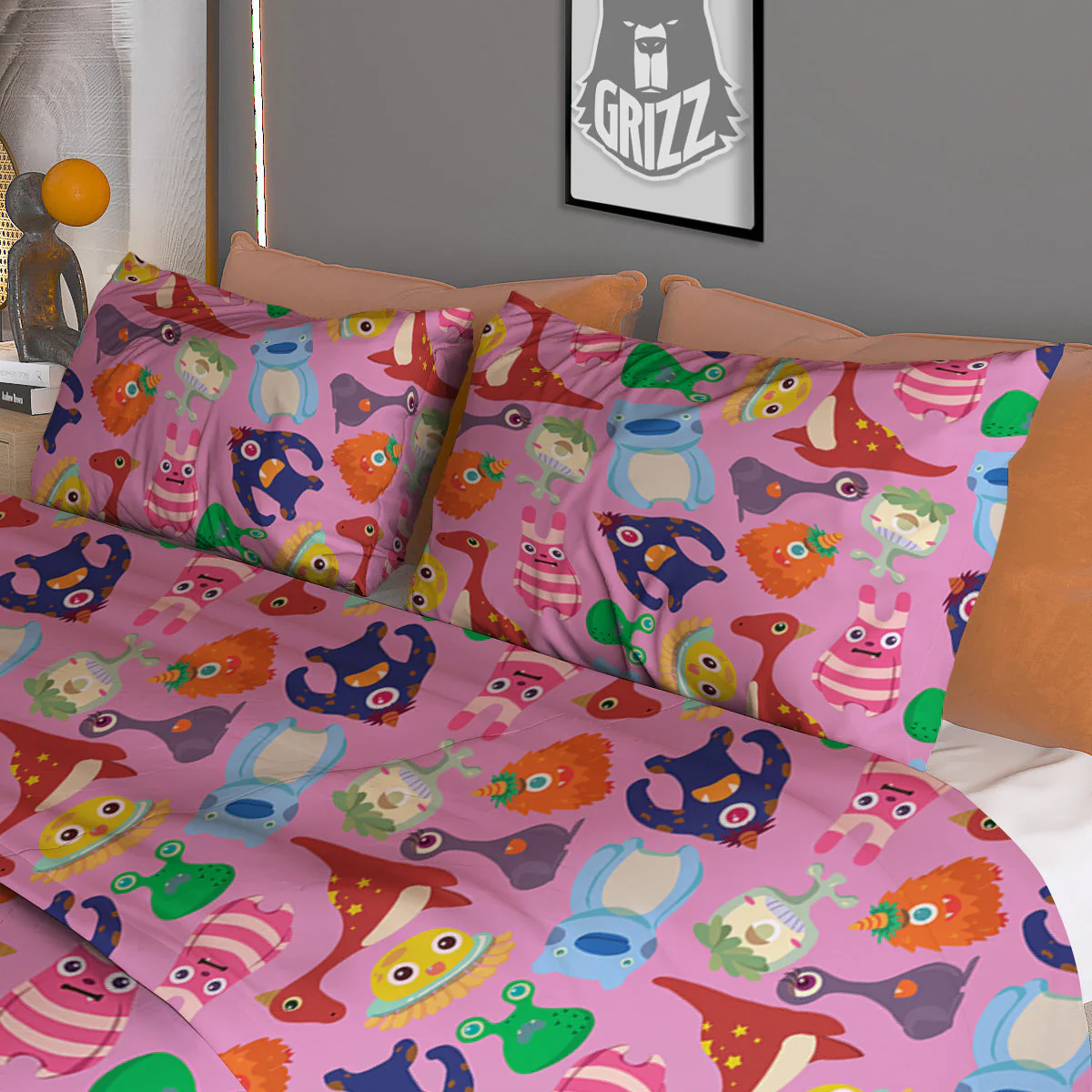 Toy Monster Cute Pink Print Pattern Duvet Cover Bedding Set - Image 3