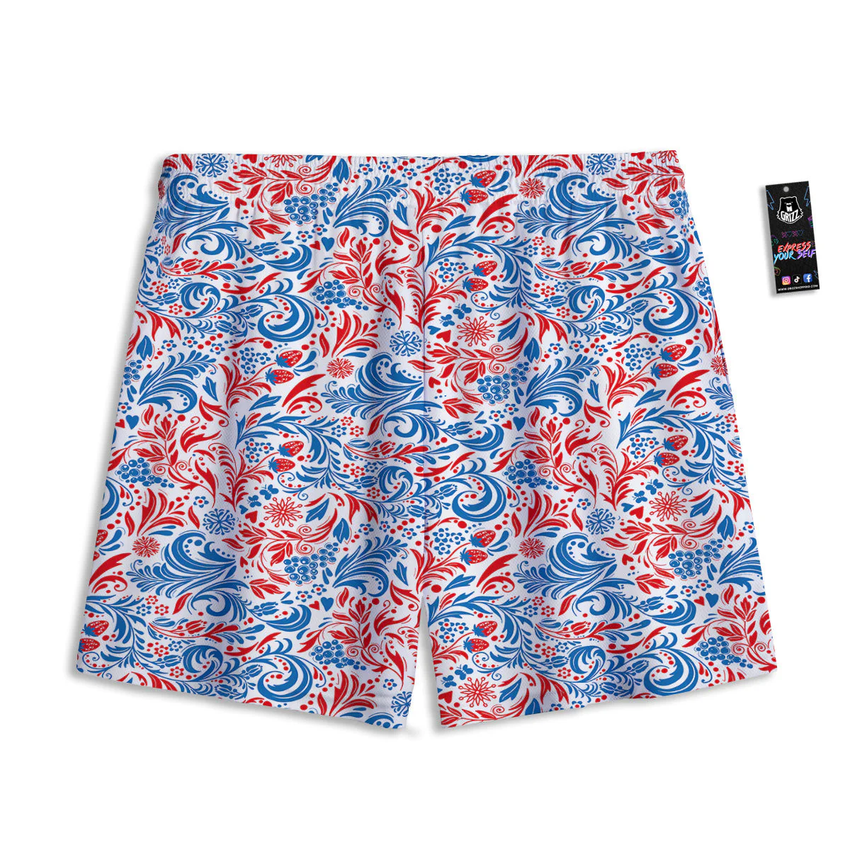 Traditional Khokhloma Red And Blue Print Pattern Mesh Shorts - Image 2