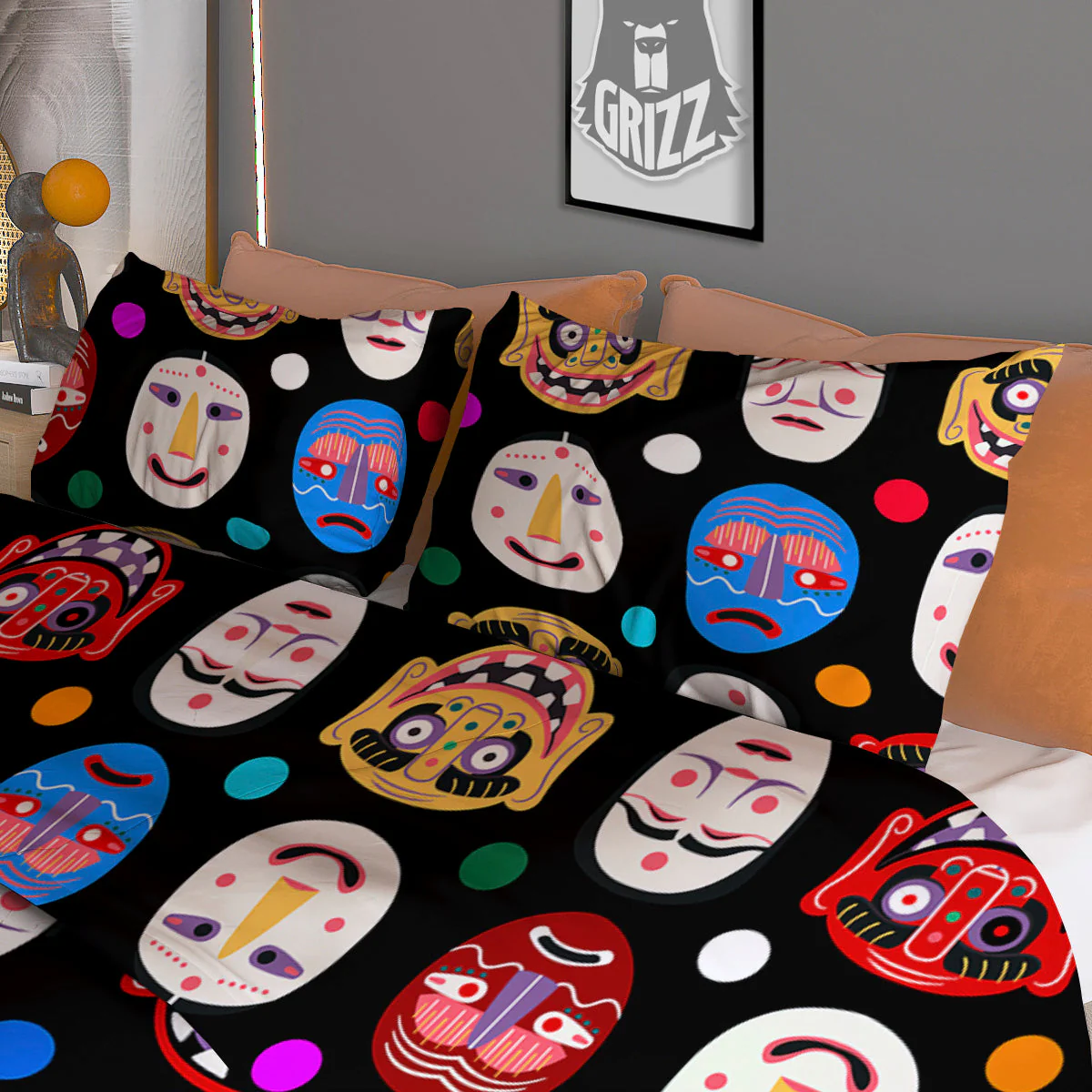 Traditional Korean Masks Print Pattern Duvet Cover Bedding Set - Image 3
