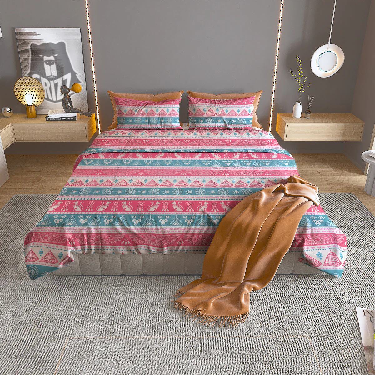 Tribal Ethnic Pink Blue Egypt Print Pattern Duvet Cover Bedding Set