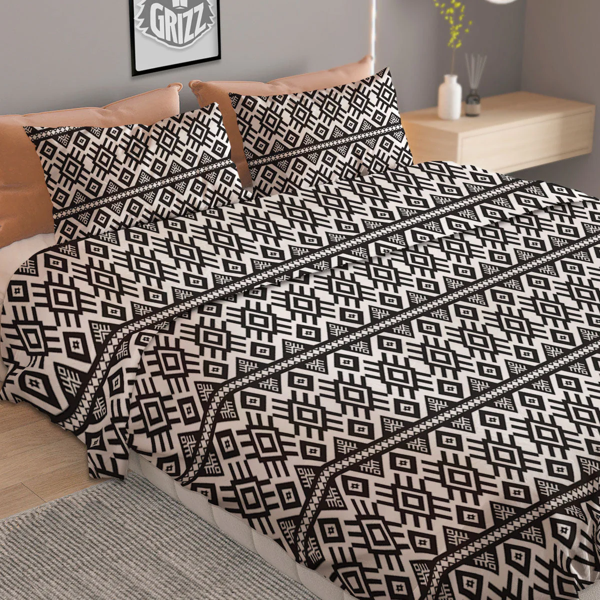 Tribal Geometric White And Black Print Duvet Cover Bedding Set - Image 2