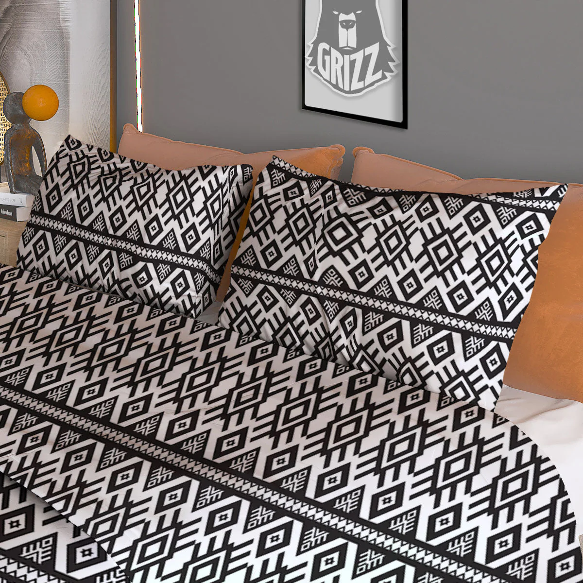 Tribal Geometric White And Black Print Duvet Cover Bedding Set - Image 3