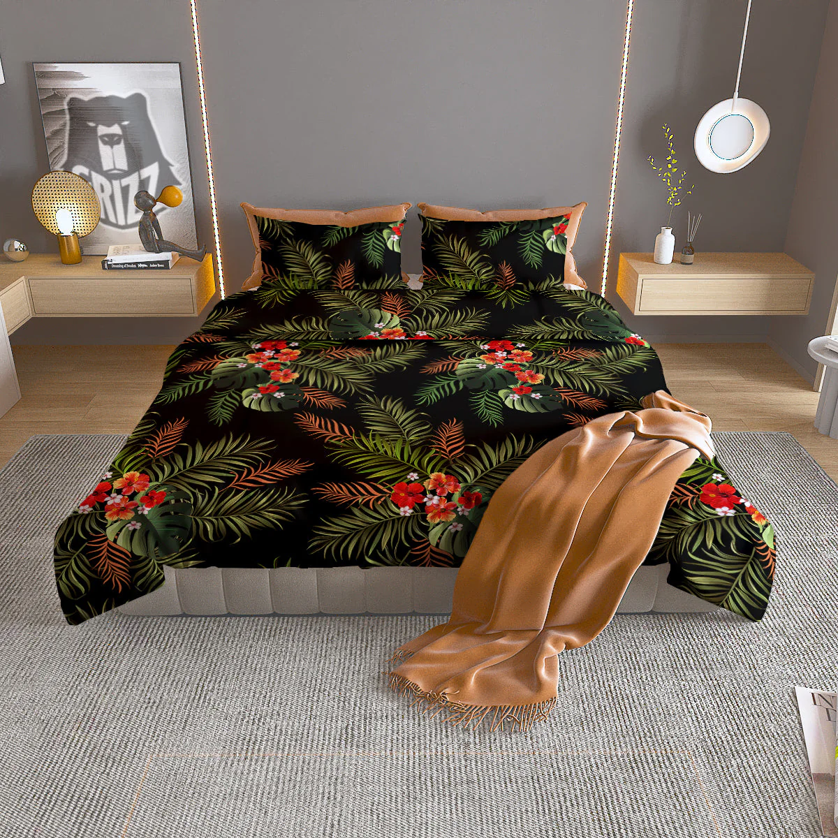 Tropical Black Hawaii Print Pattern Duvet Cover Bedding Set
