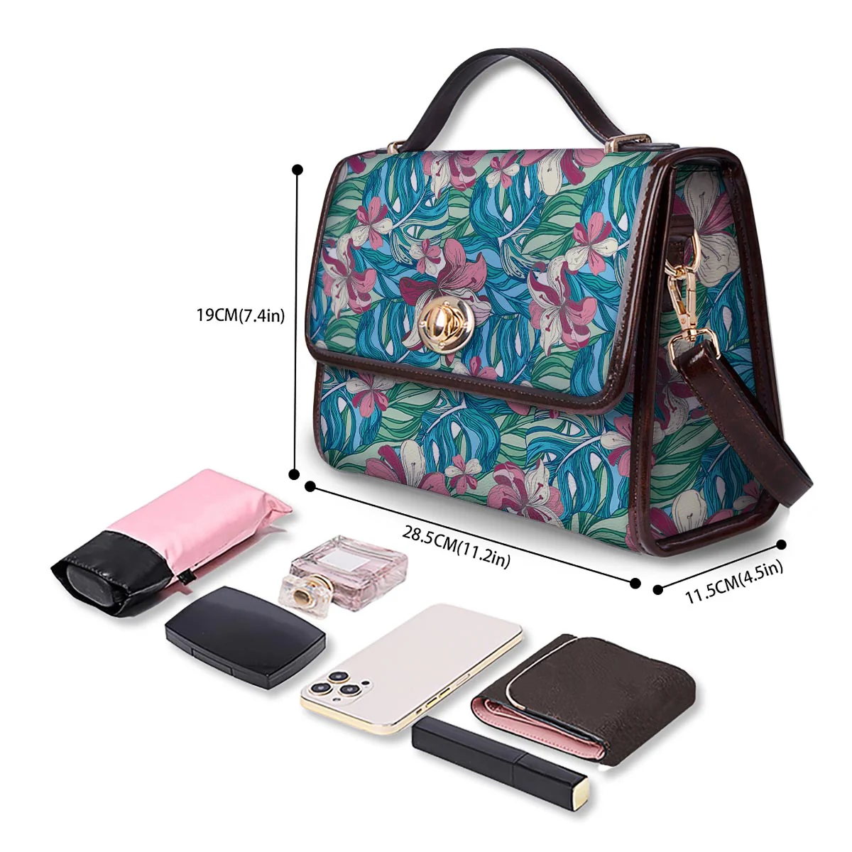 Tropical Blossom Teal Pink Print Pattern Women's Satchel Bag - Image 4