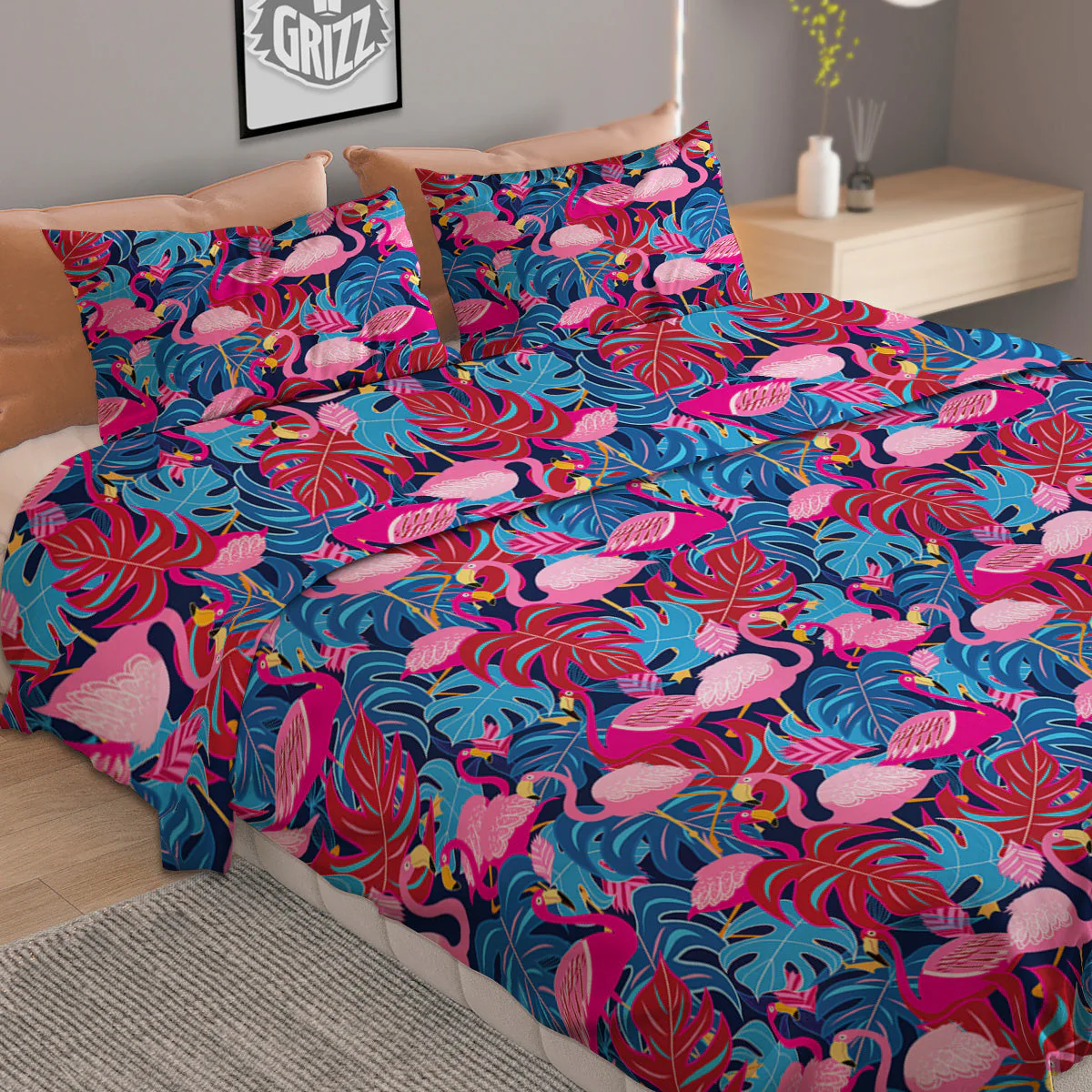 Tropical Blue And Pink Flamingo Print Duvet Cover Bedding Set - Image 2